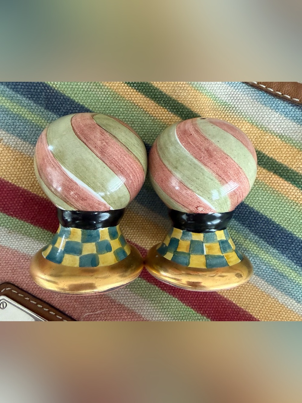 Mackenzie Childs Hand-Painted Ceramic Sphere Salt and Pepper Shakers -Vintage
